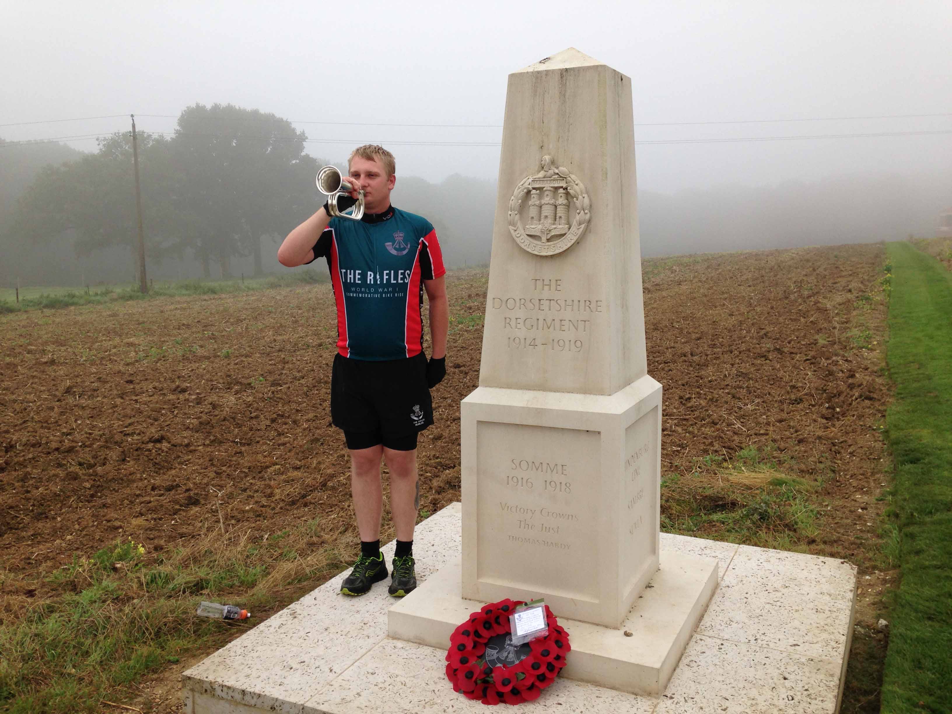 Bugler from The Rifles sounding the Last Post at the Dorset Memorial on the Somme