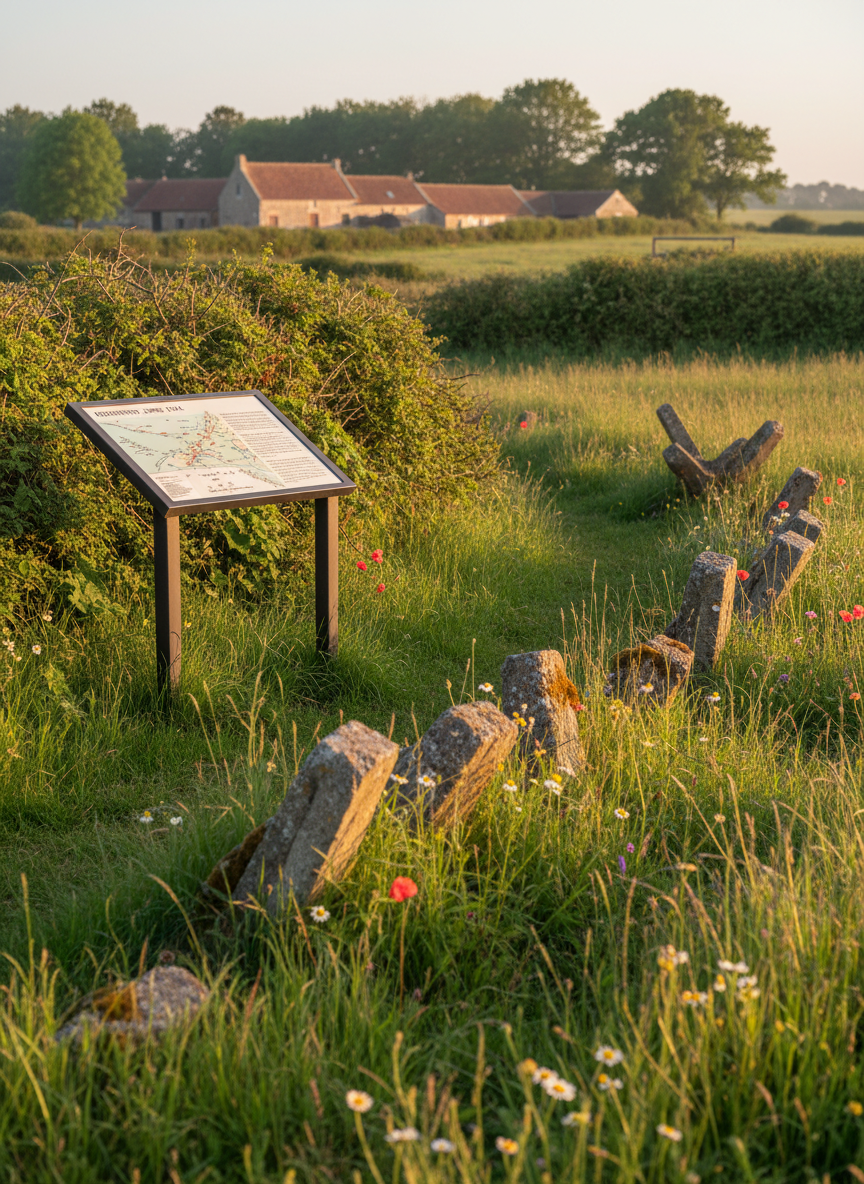 An authentic WW2 battlefield landscape in Normandy, shown in photographic realism: gently undulating fields divided by thick hedgerows, with discrete, concrete anti-tank obstacles partially overgrown by grass and wildflowers at the field’s edge. An information board on a metal stand stands to one side, its illustrated map and historical text clearly legible. Soft golden-hour sunlight from the right side creates warm highlights on the concrete surfaces and long, gentle shadows stretching across the field. Captured at eye-level with moderate depth of field, the foreground obstacles are in sharp focus while distant farm buildings and trees softly blur, conveying a reflective, educational atmosphere suitable for a guided tour setting.